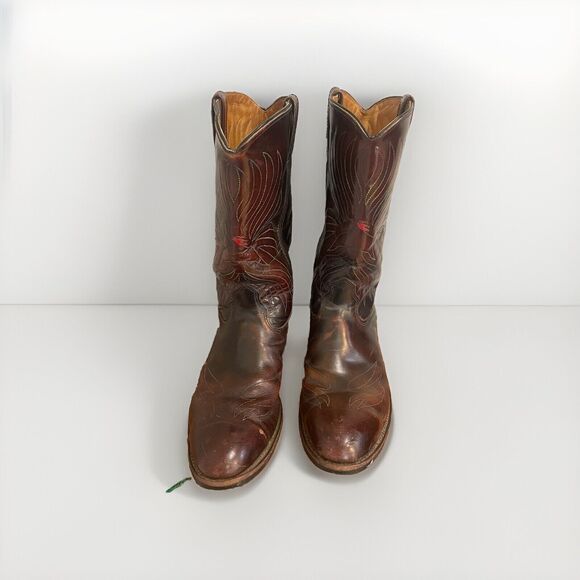 Iron Age Steel Toe Cowboy Boots Phoenix Rising Rainbow Stitch Brown Leather Sz 9 - Picture 3 of 16